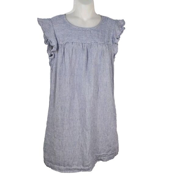 Cynthia Rowley Women Linen Dress Small Blue Striped Flutter Sleeve Shift Pockets - Picture 1 of 10